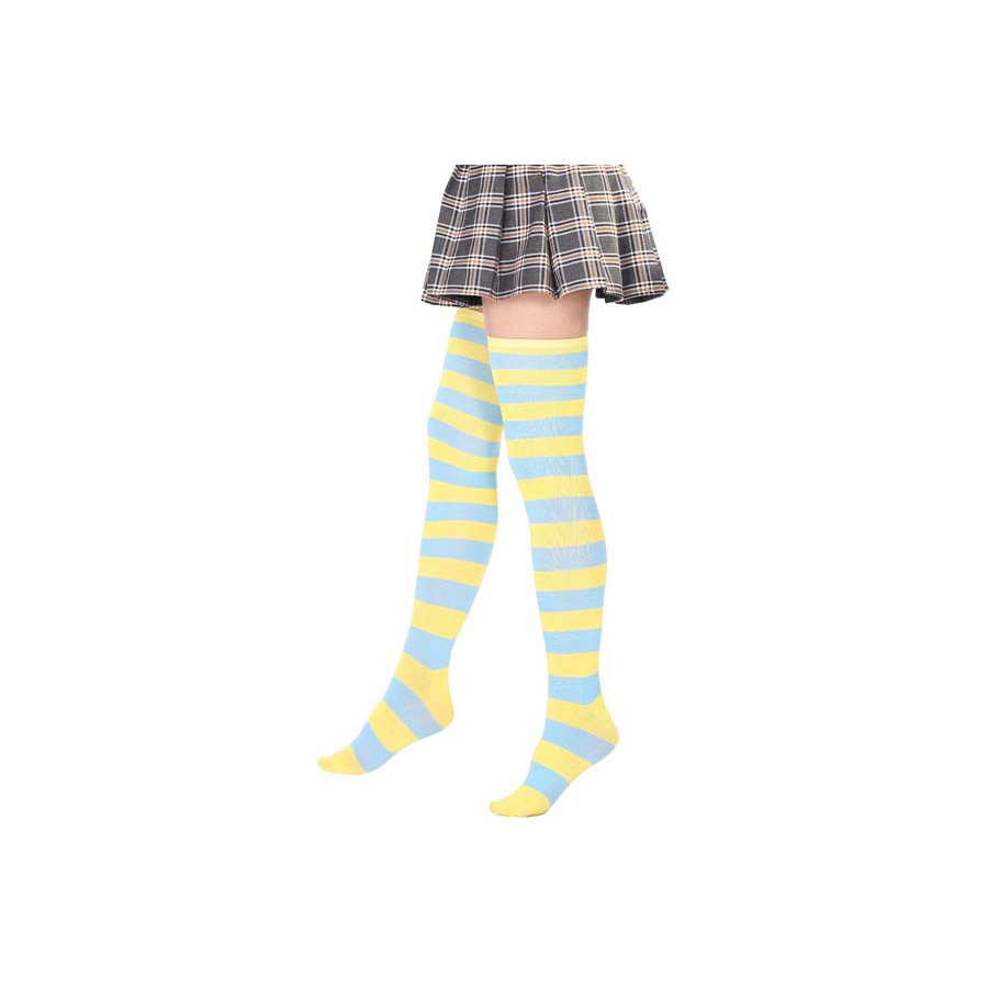 Kaos Kaki Wanita Over Knee Socks Kaos Kaki Sepaha Motif Belang-Belang Kaos Kaki Panjang-Yellow X Blue