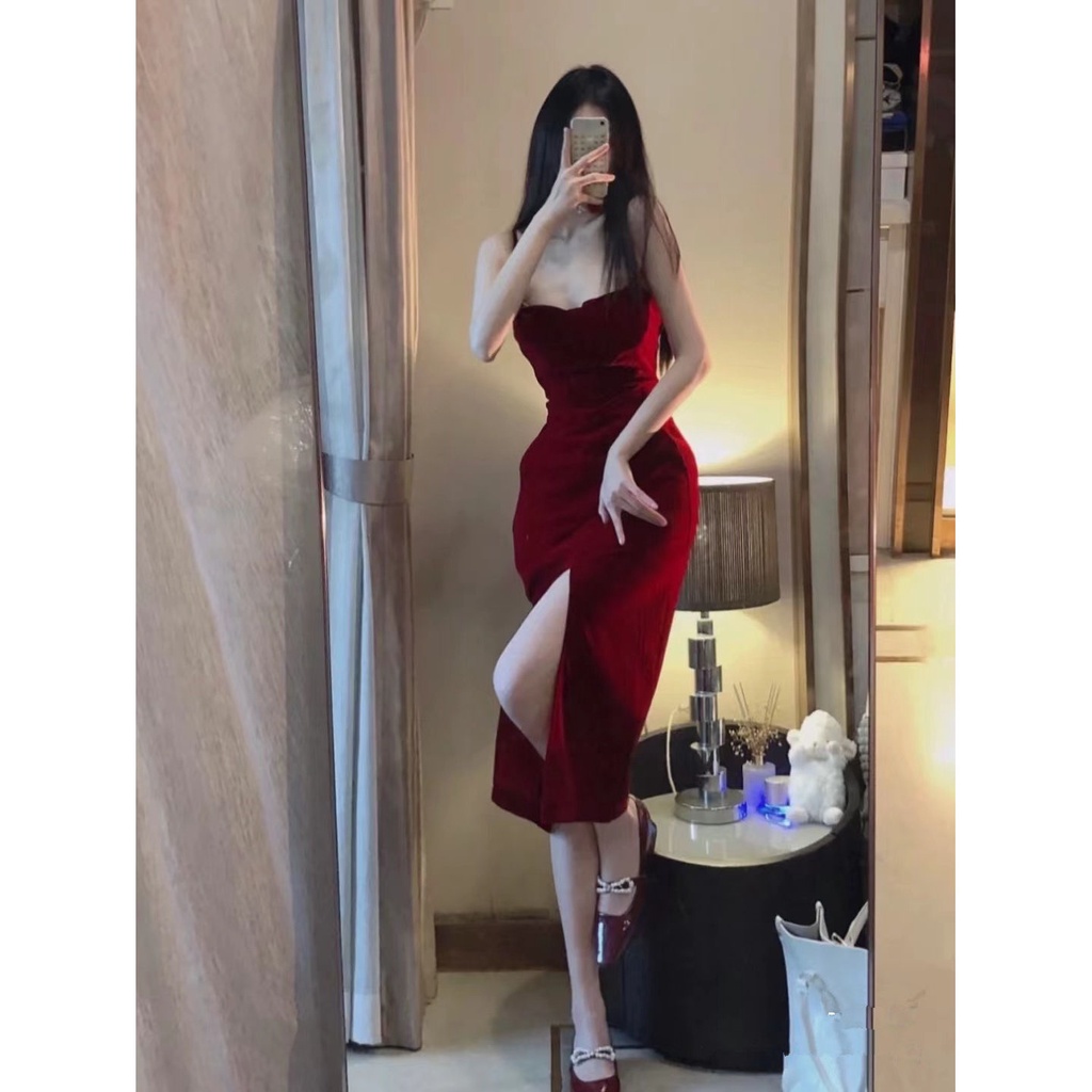 Toko sore hari Natal beludru merah buatan sendiri yang menakjubkan suspender dress wanita musim gugu