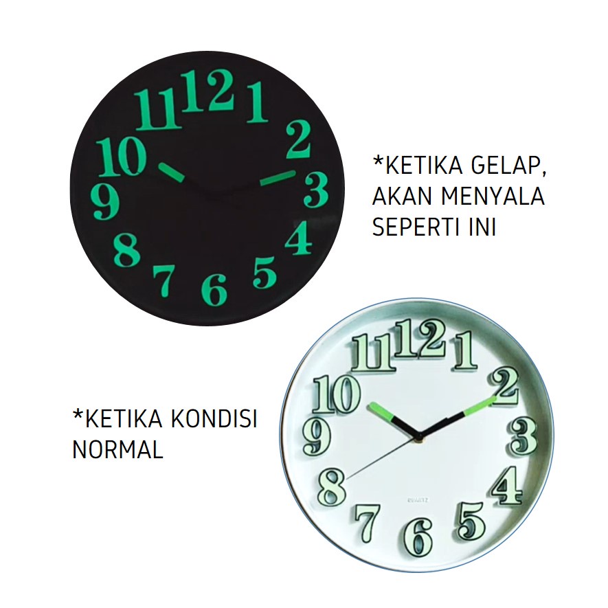 Jam Dinding Glow In The Dark 30cm Angka Timbul Modern Minimalis 9799