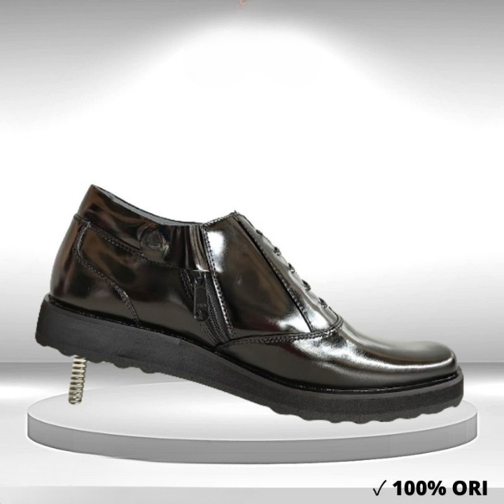 Sepatu Formal Pria PDH Pendek Asli Kulit Kilap/Lax  Polisi TNI Security Satpam Resleting Tanpa Tali 