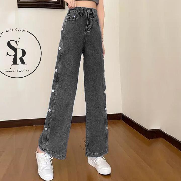Berkualitas Kulot Jeans Wanita Kancing Samping Penuh-High waist jeans-Outfit wanita kekinian Saerah 