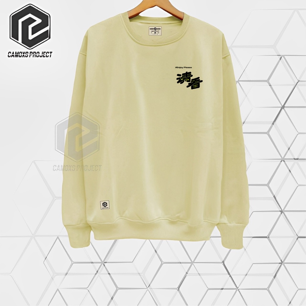 Sweater Pria Distro Aesthetic Crewneck Cowok Warna Cream Sablon Japan Enjoy Please Suiter Krunek Oblong Oversize Switer Crunek