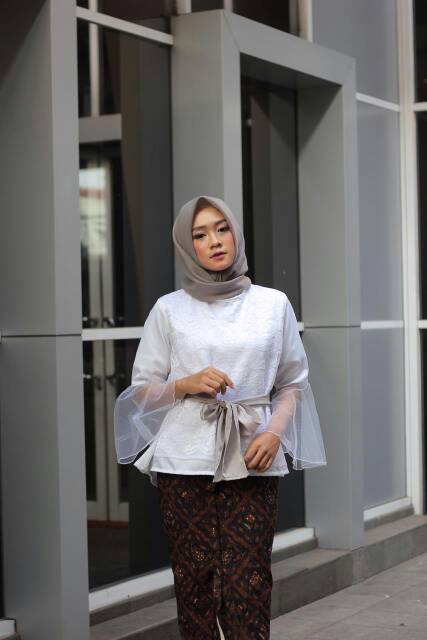 Blouse Tulle Bordir Brokat Wanita Putih M L XL XXL