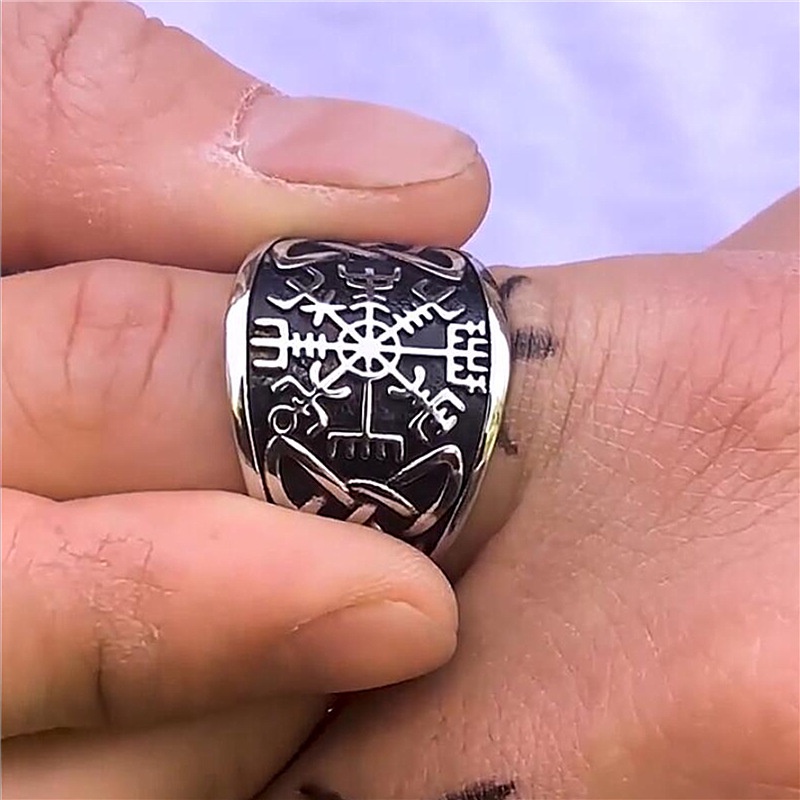 Cincin Gaya Retro Punk Hip-Hop Nordik Viking Kompas Untuk Pria