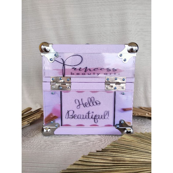 beautycase kubus MDF Lilac / koper makeup/ beautycase/ tas kosmetik