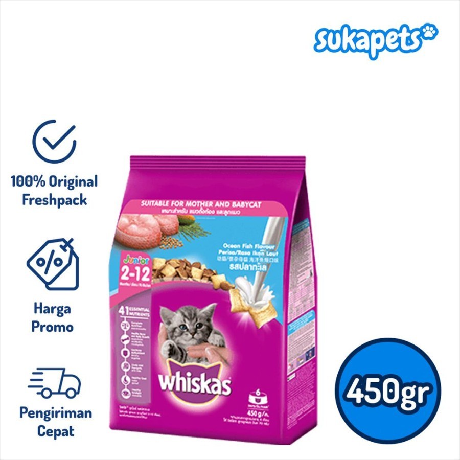 Whiskas Kitten Junior Ocean Fish Dry Food Makanan Kucing Kering 450g