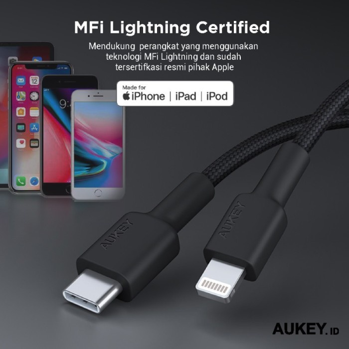 Kabel Data Aukey Cable CB-CL3 Black 0.9M MFI USB C to Lightning