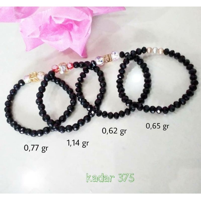 Gelang Batu / Kristal Hitam Set Charm Kubus Alphabet