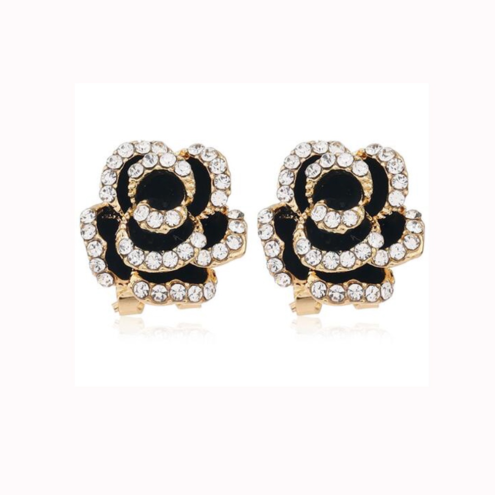 Anting Stud Kristal Hitam Bentuk Bunga Warna Emas Untuk Wanita