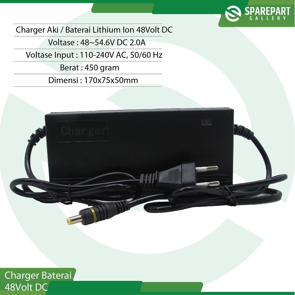 Charger Aki/Baterai Lithium ion 48V DC ujung colokan 1pin bulat