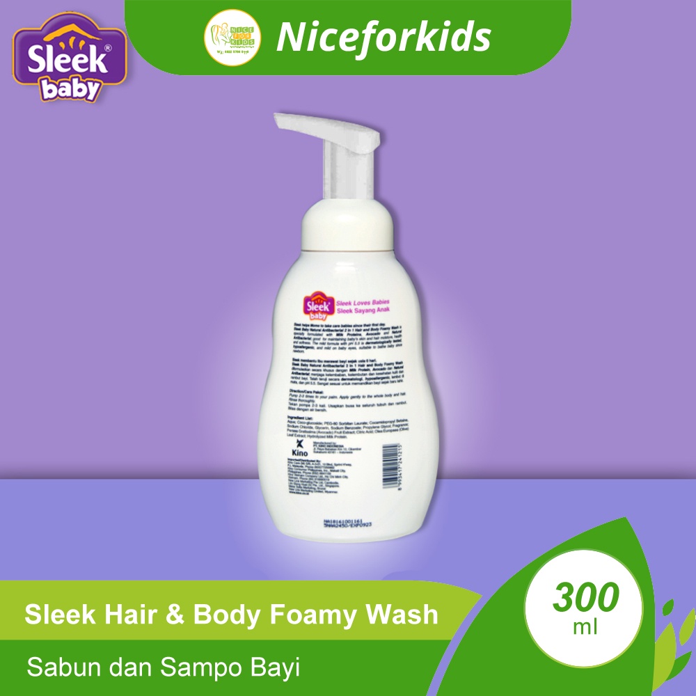 Sleek Baby Natural Antibacterial 2 in 1 Hair and Body Foamy Wash Bottle Pump 300ml / Sabun dan Sampoo Bayi