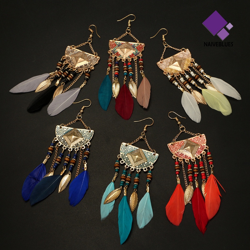 Anting Hook Bentuk Kipas Aksen Bulu Manik-Manik Gaya Bohemian Untuk Wanita