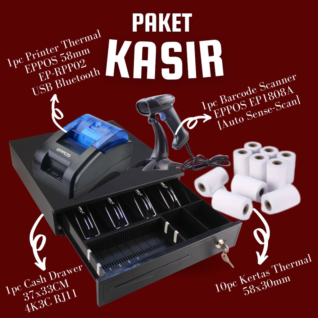 Paket Lengkap Alat Kasir Cash Drawer Printer Bluetooth Scanner Murah Berkualitas