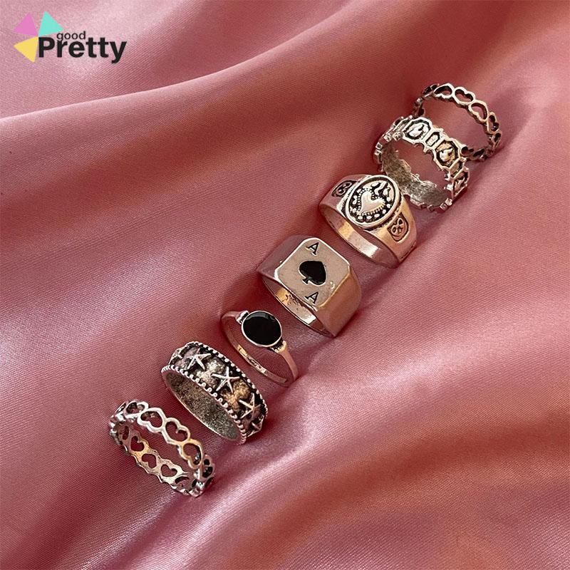 7 Pcs Cincin Jari Bentuk Hati Tidak Teratur Warna-Warni Gaya Punk Retro Untuk Pria - PD