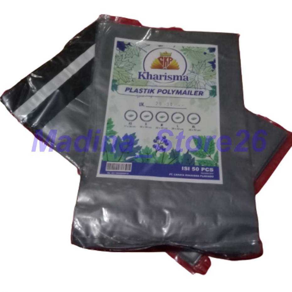

Plastik Packing Polymailer Merk KHARISMA Ukuran 17 x 30 Warna Silver Isi 50 pcs.