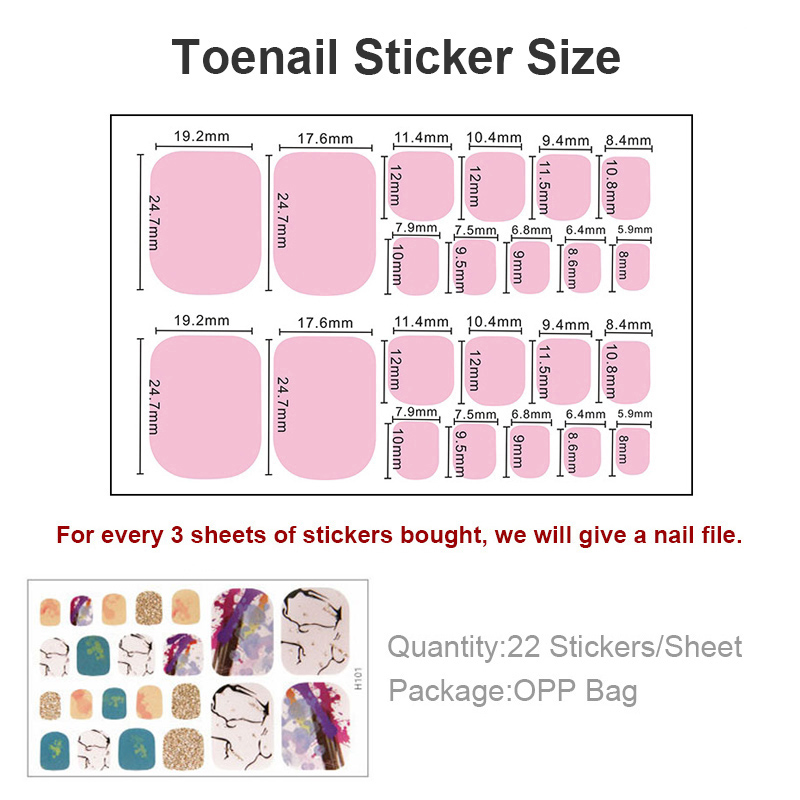 H101-120 22pcs/lembar Stiker Kuku Kaki Palsu 3d Diy