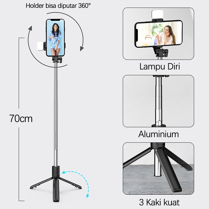Bluetooth Selfie Stick Portabel/ Tongsis/ Tripod  Remote Control LED Lampu R1s