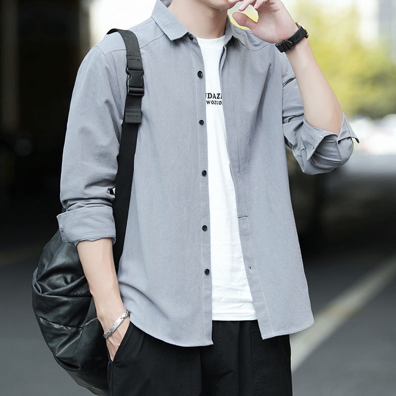 Kapas |   Kemeja Pria Lengan Panjang  Korea Tren Kasual  Denim Kemeja Lengan Panjang mantel Pria