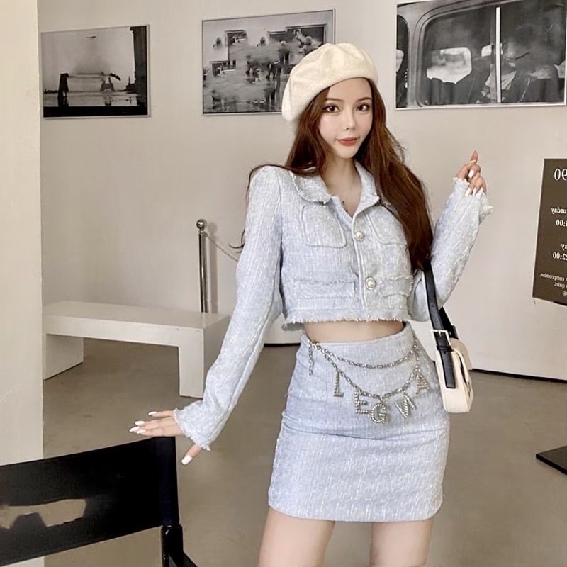 Franca longsleeve tweed top korean outer blouse wanita cardigan crop top