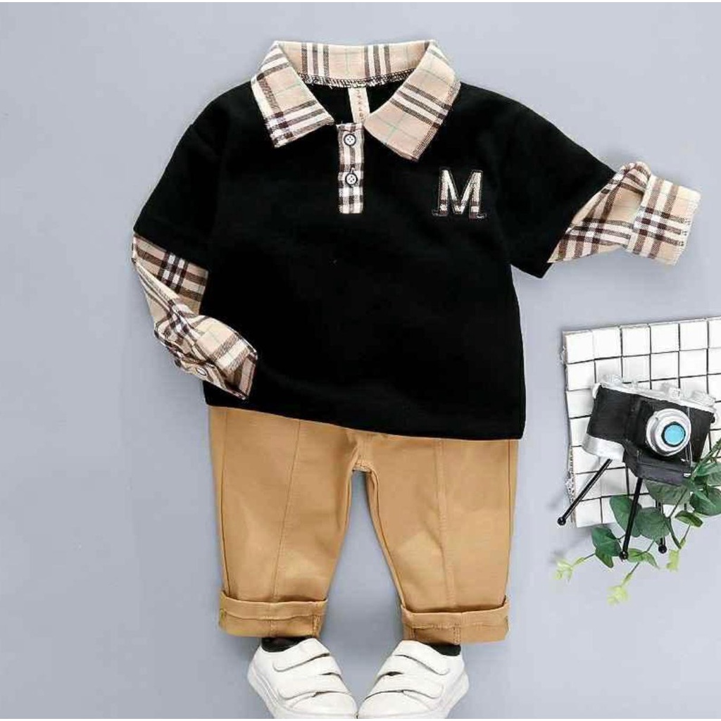 setelan baju polo kemeja kasual bayi anak motif kenzie MM size 6 bulan-5 tahun bahan katun combad best quality terlaris terbaru/ setelan baju polo kemeja kasual bayi anak laki-laki/ setelan baju polo kemeja kasual bayi anak cowok/ kemeja bayi anak cowo