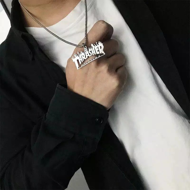 [COD] Kalung HipHop Rantai Dengan Liontin Api Thrasher Majalah Gaya HipHop Fashion Pria dan Wanita