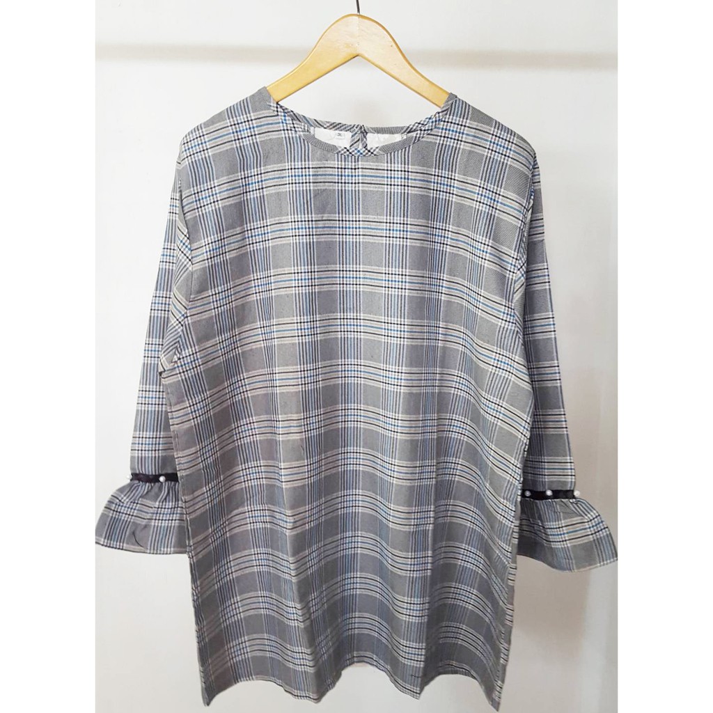 SALE LD 120 3XL Atasan Blouse Katun Tenun Kotak Big Size Jumbo Wanita Lengan Panjang Mutiara Murah K