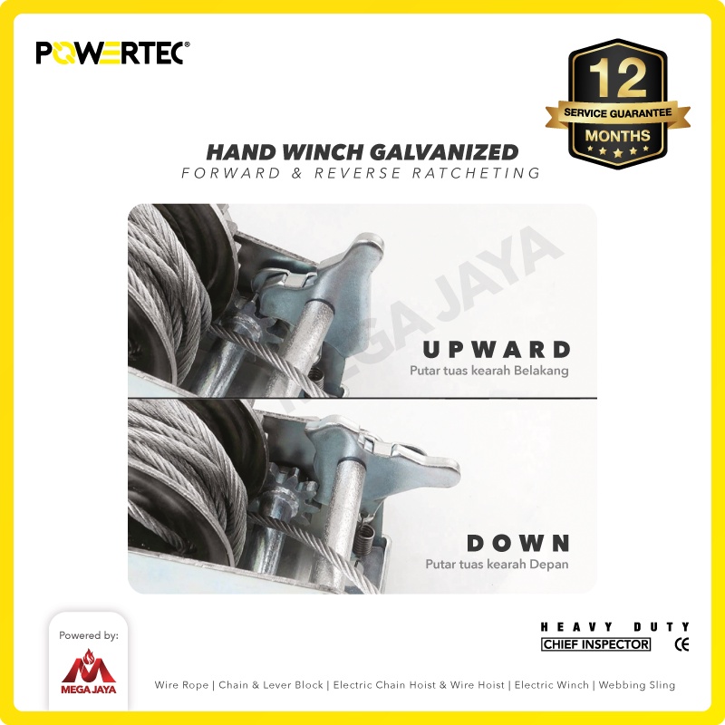 POWERTEC Hand Winch / Katrol Manual 3500lbs / 1600Kg x 15 M Galv-2