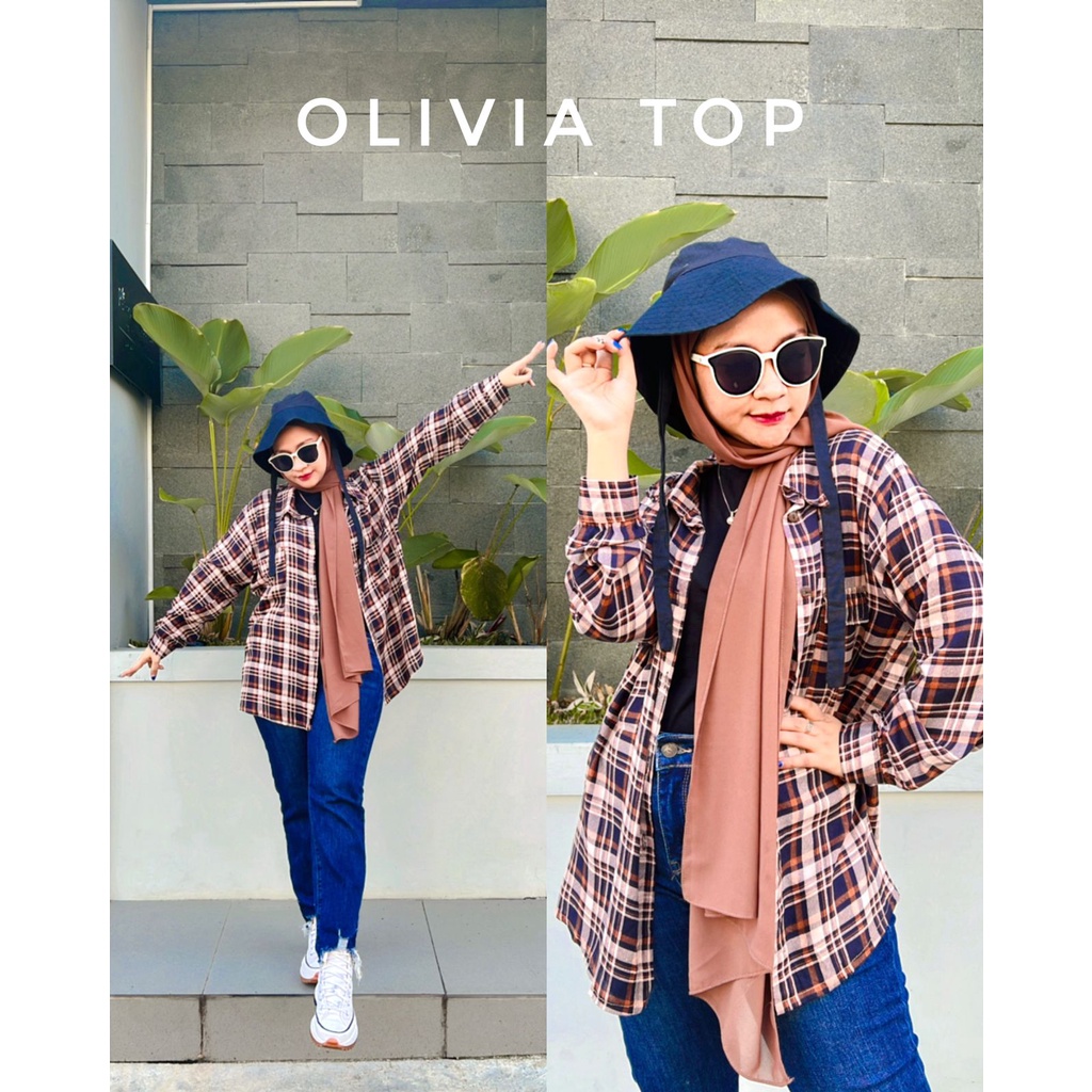 Kemeja Wanita Olivia Top Motif Kotak-Kotak Full Kancing