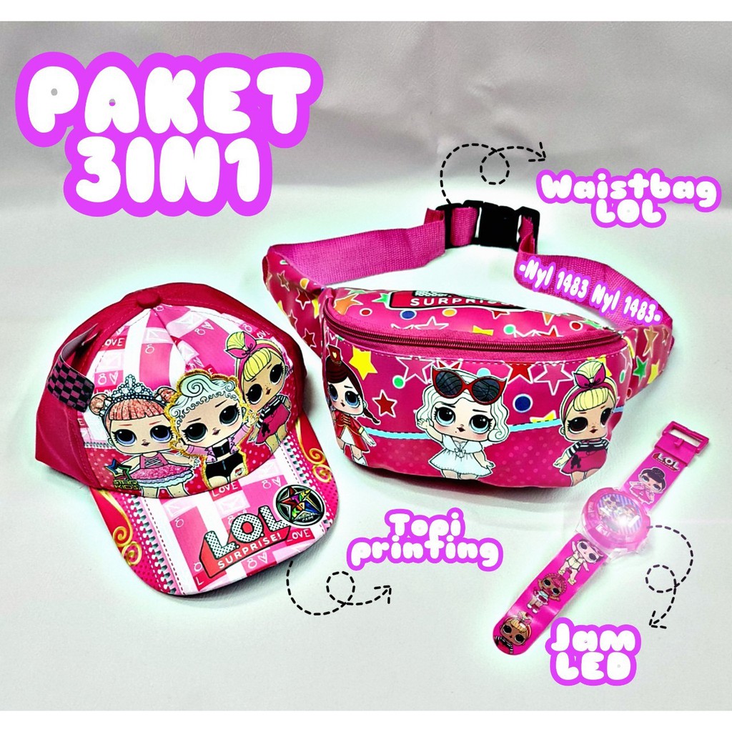 PROMO ^^ TAS WAISTBAGS ANAK PEREMPUAN [ PAKET 3in1 / TOPI PRINTING / JAM TANGAN LED