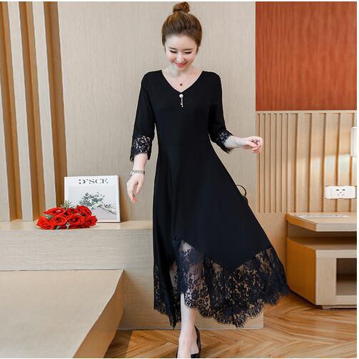 V Neck Woman Loose Casual Black Plus Size Dress Lace Hem Midi