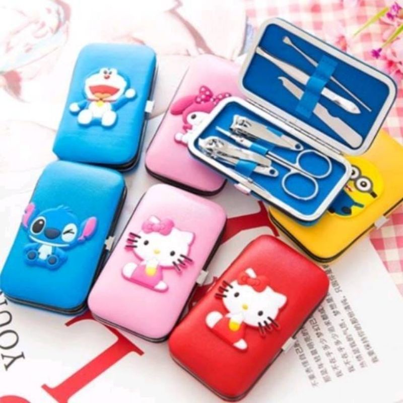 pouch alat-alat menicure pedicure lengkap motif kartun lucu set gunting kuku kartun stainless steel 6in1 serbaguna