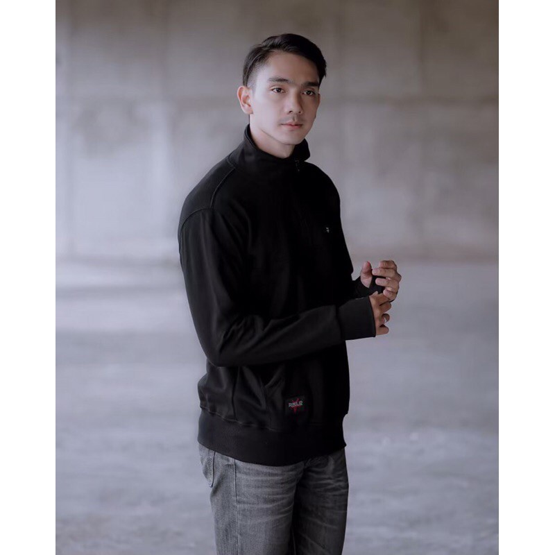 REBEL ID JAKET PRIA  HALF ZIPPER HARAJUKU BLACK / SWEATER UNISEX FULL COTTON REBEL ID