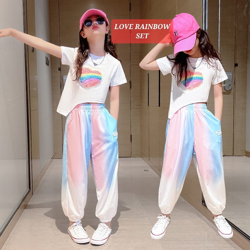 LOVE RAINBOW SET BAJU SETELAN KASUAL ANAK REMAJA PEREMPUAN KAOS CELANA JOGER KOREA IMPORT