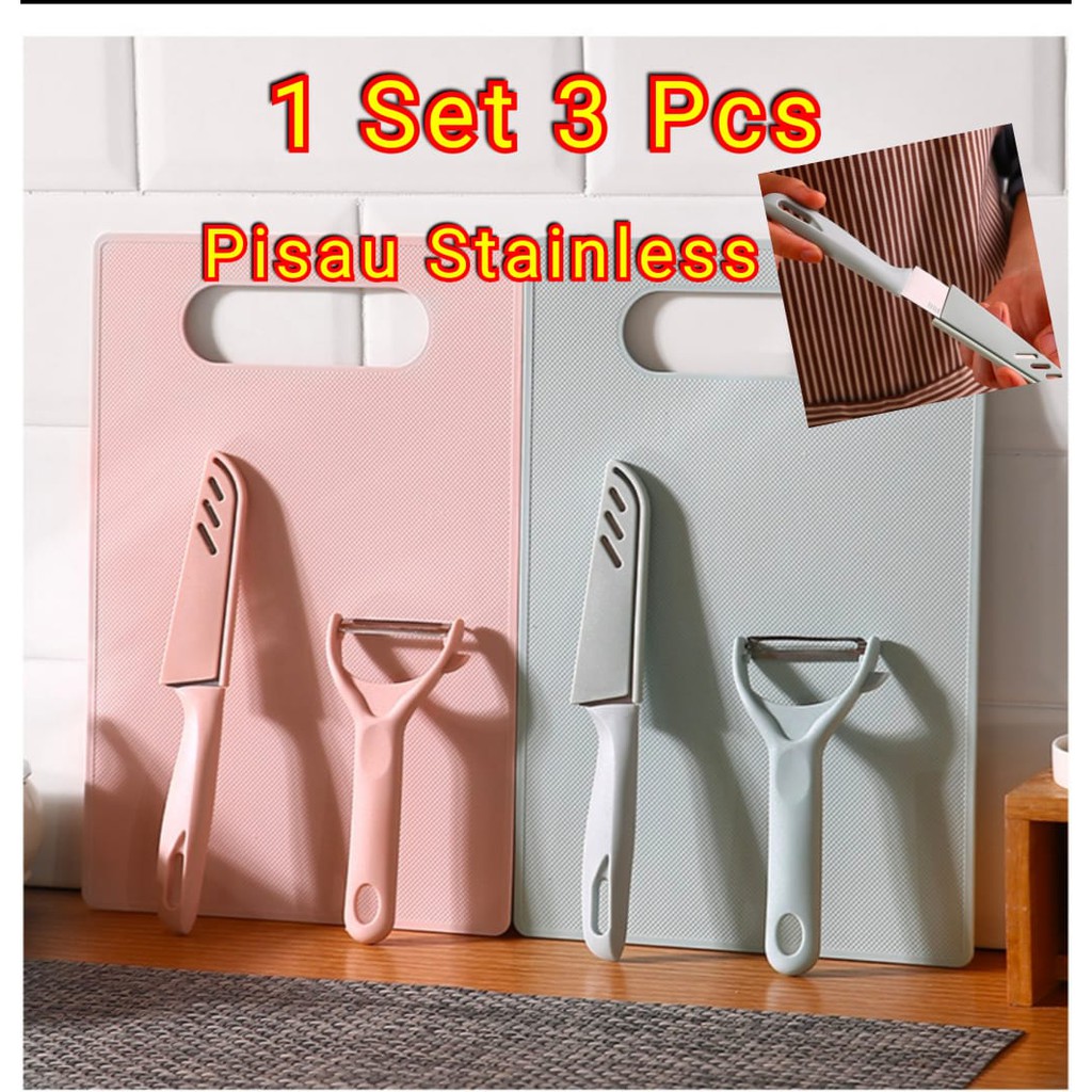 Pisau Dapur Set / Pisau Pengupas Buah / Alas Papan / 1 set 3 Pcs