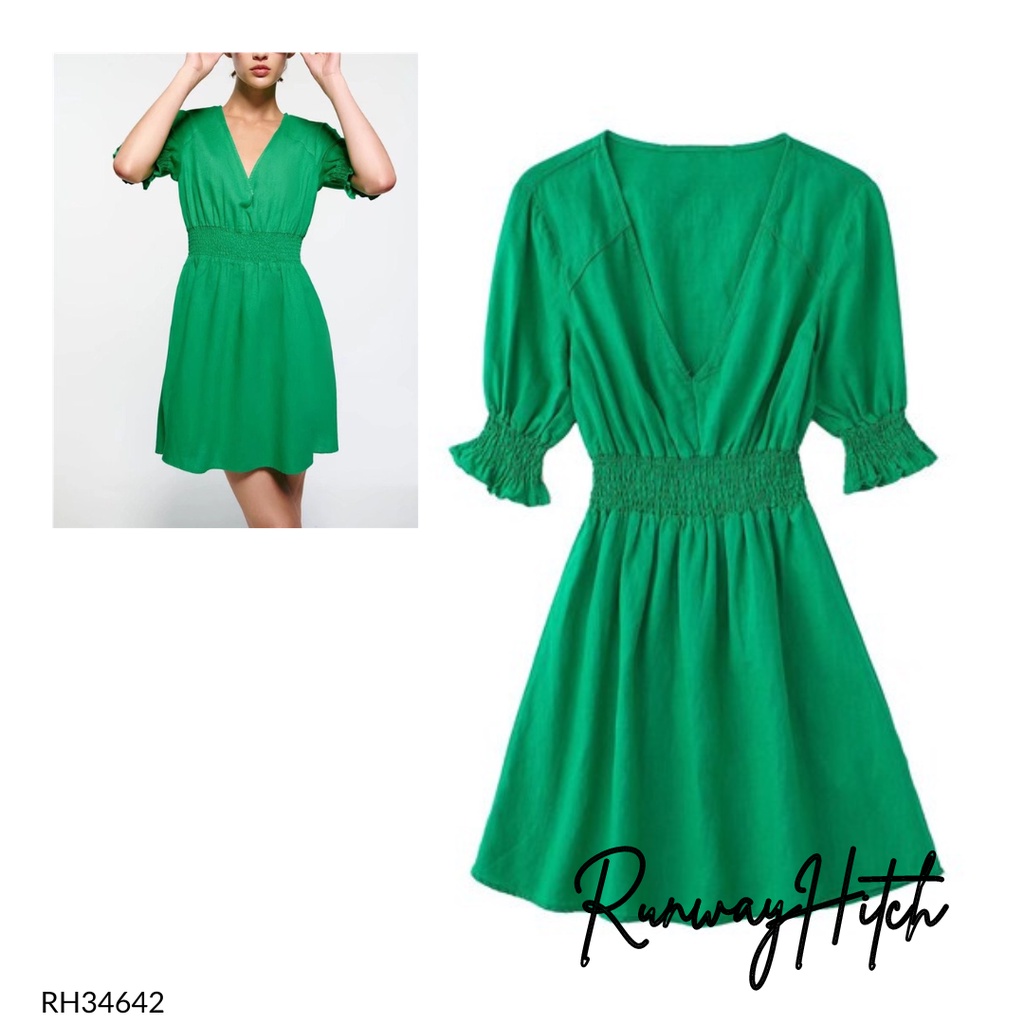 WAIST DRESS LINEN IMPORT RH34642 / MINI DRESS LINEN HIJAU V NECK