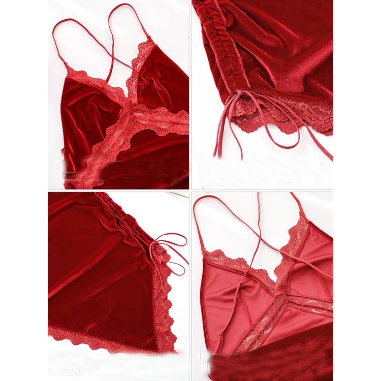 Set Lingerie Sexy Wanita Velvet Dress Baju Tidur Seksi Hot Dress Malam tali Celah Samping A532