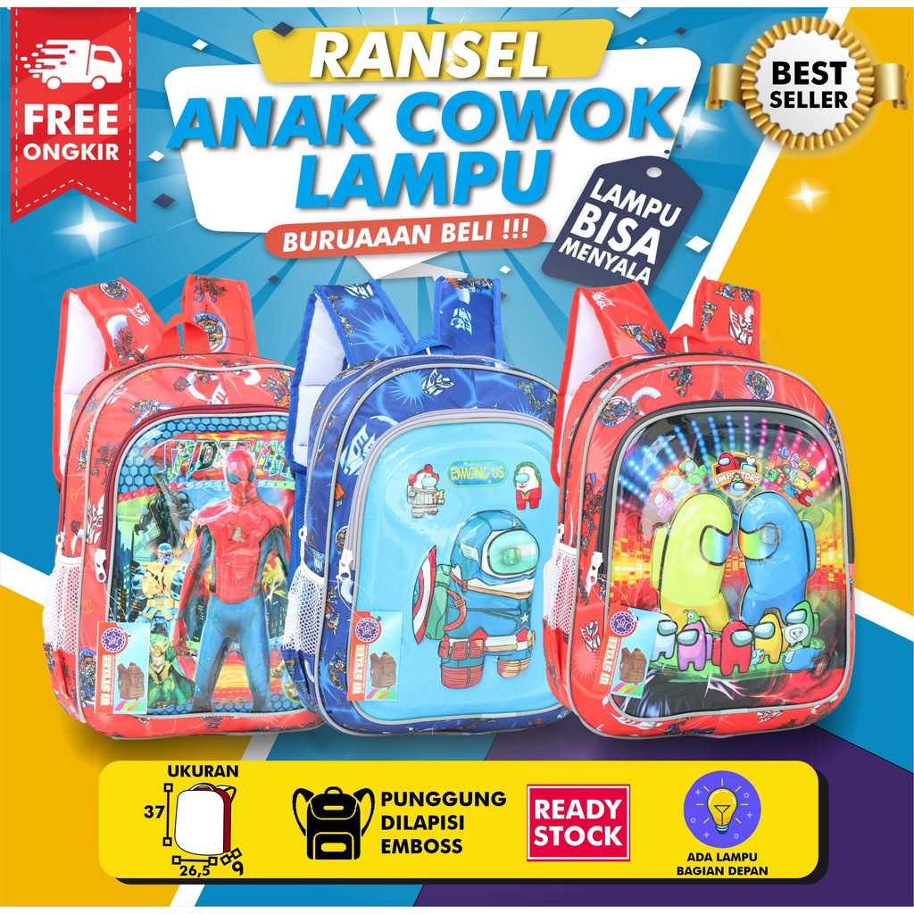 Ransel Anak Lampu LED 3D Karakter Tas Sekolah Anak Cowok Playgroup PAUD TK Ransel LED Lampu Nyala Gambar Motif Kartun Lucu Murah Kualitas Import Backpack Cowok LED Kedip Lampu Among Us Roblox Spiderman 3D Emboss