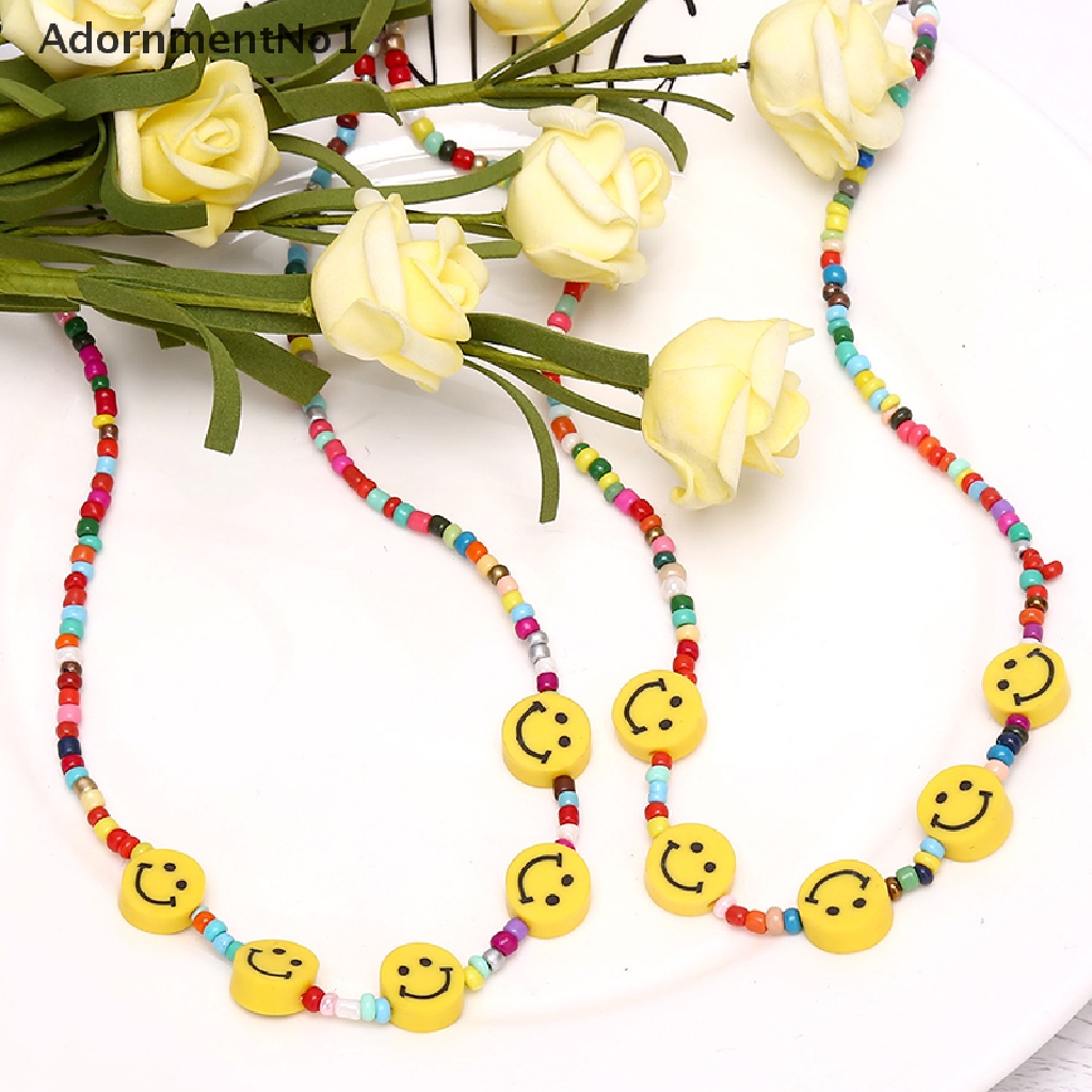 (AdornmentNo1) Kalung Choker Rantai Manik Pendan Smiley Face Warna Warni Gaya Boho