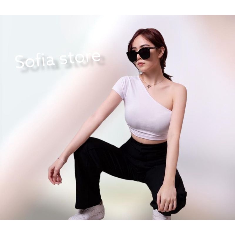 One Soulder Crop Top Baju Atasan Wanita Korea