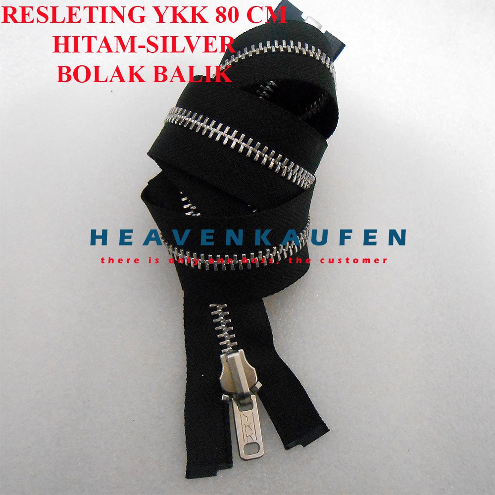 Resleting Zipper Jaket YKK 80 cm Hitam Silver Bolak Balik