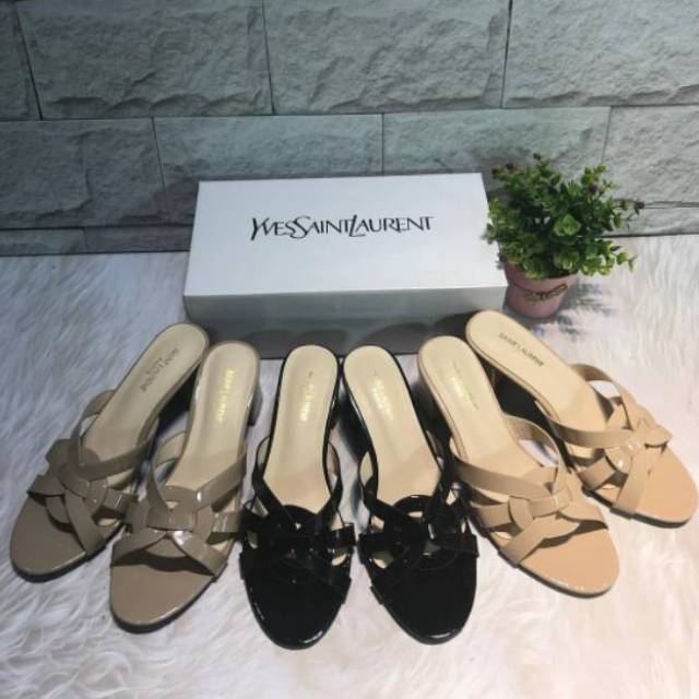 Re Stock..SENDAL/SANDAL WANITA YSL SQUARE HEEL / TAPAK TAHU HEEL IMPORT