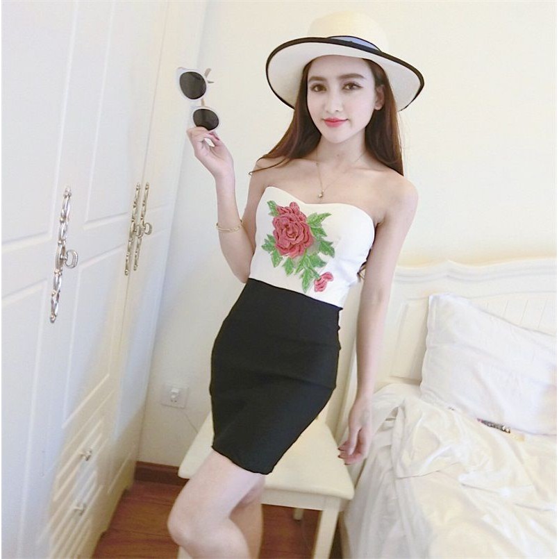 Bodycon Kemben Mini Dress Import - 31317 Embroidery Rose Tube Dress