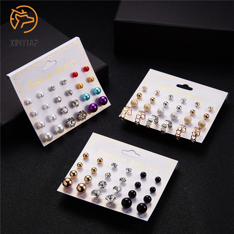 12 Pasang/Set Anting korea Tusuk Model Mutiara Intan Bentuk Bulat Gaya Korea Untuk Wanita Earrings piercing aksesoris wanita-4