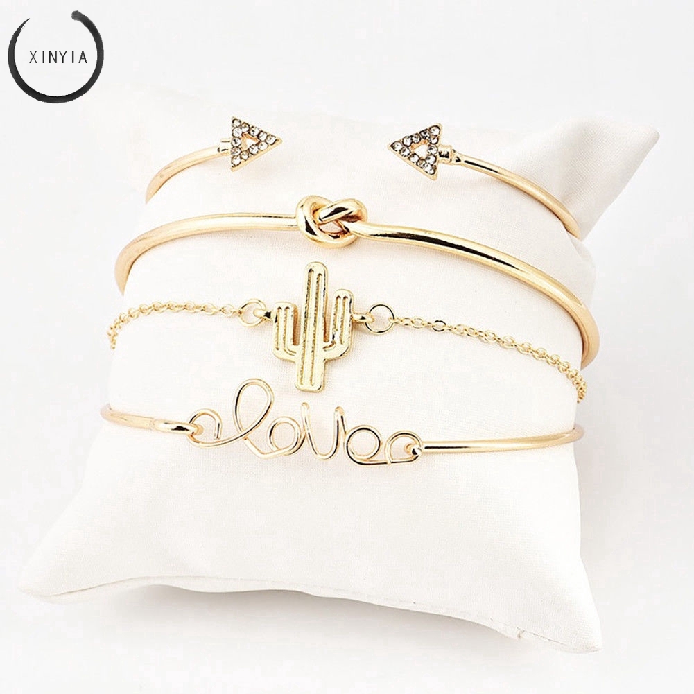 4Pcs/Set Gelang Women Gilr Gold Triangle Knot Love Cactus Opening Bangle Chain Bracelet