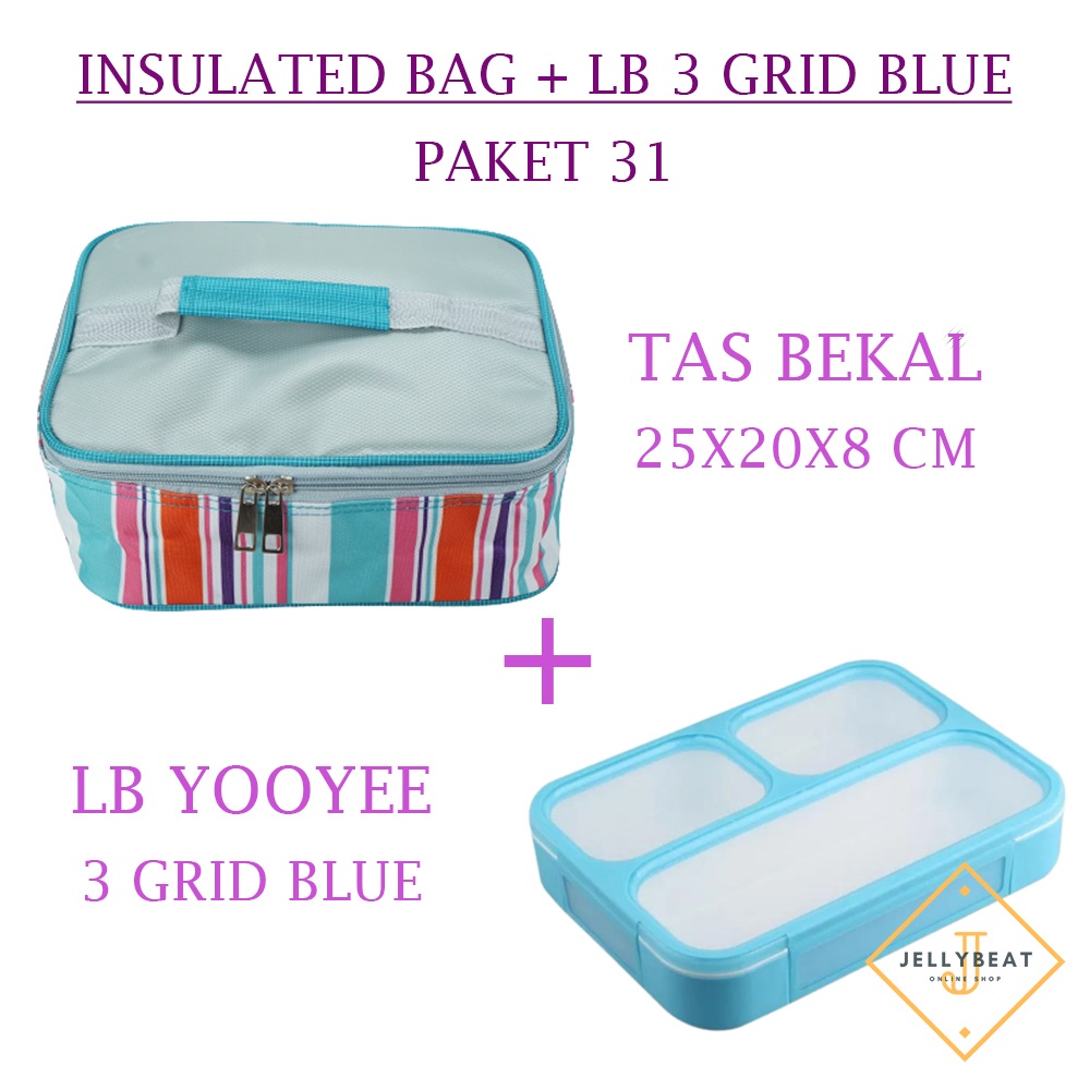 PAKET TAS BEKAL 31 || Kotak Bekal Makan 3 Grid Biru Gratis Sendok + Tas Bekal Salur Biru || Tempat Makanan 3 4 Grid BPA Free || Tas Insulated