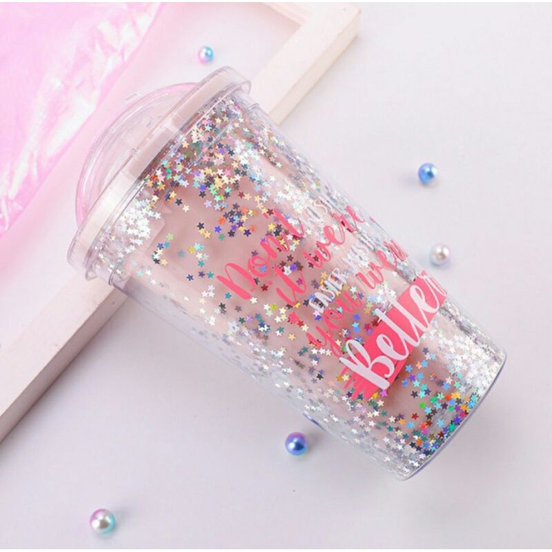 Glitter Tumbler Cups Blink Gelas Botol Minum Air Sedotan 450ml + Free Buble Wrap