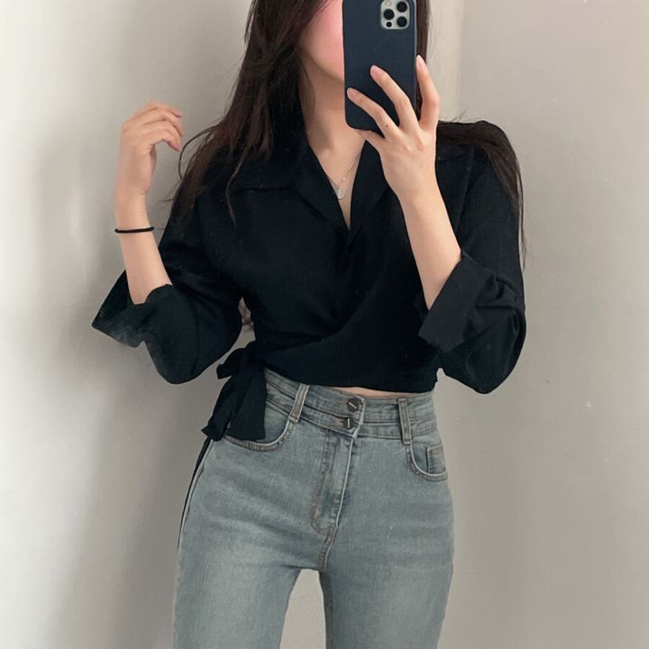 Crop Blouse Import Korean Style Lengan Panjang Wrapped Blouse kasual Baju Warna Putih Atasan Wanita