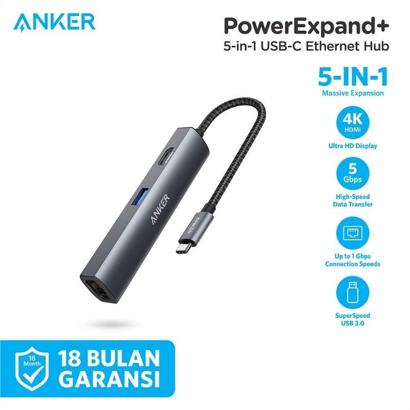 Jual Anker USB-C HUB PowerExpand+ 5in1 With Ethernet A8338 Original ...