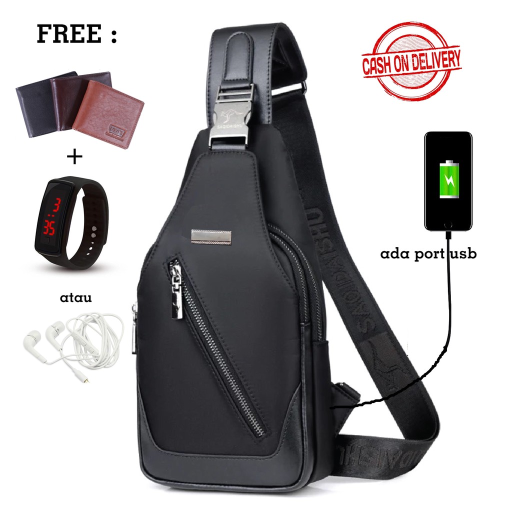 Tas Selempang Pria Murah Anti Air - LK Bag Hitam Navy dan Abu bonus Dompet + Jam Tangan LED/Headset