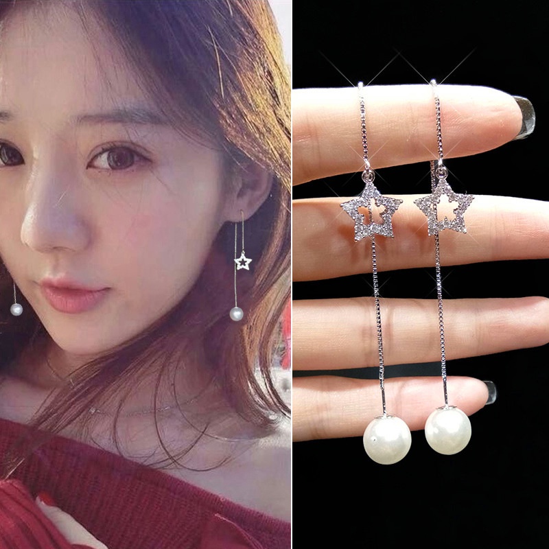 Gaya Korea Dongdaemun rumbai menggantung anting-anting sederhana anggun Pentagram anting-anting berl